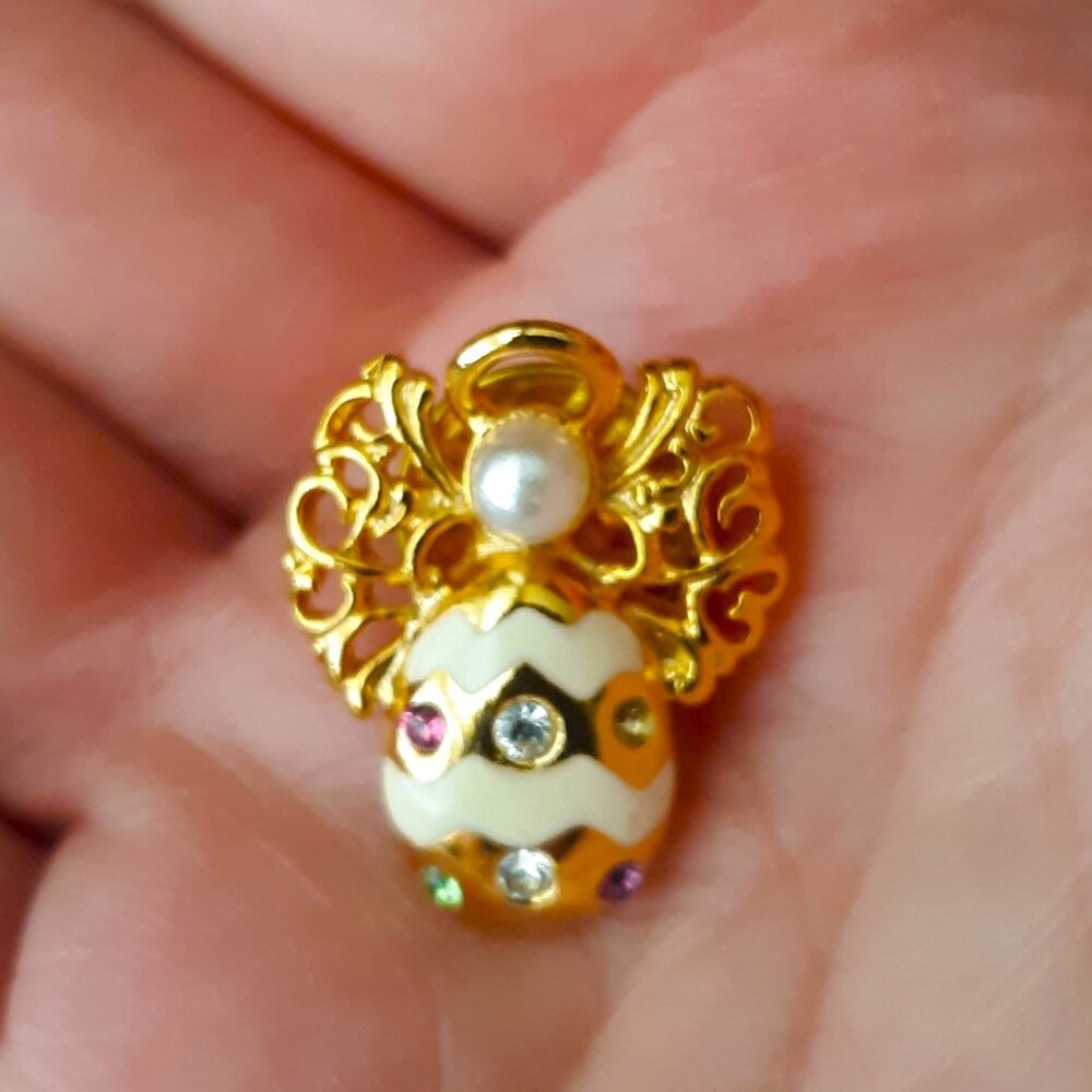 Vtg Enamel Christmas Angel Signed Brooch Halo Pearl Multicolor Crystal Stones